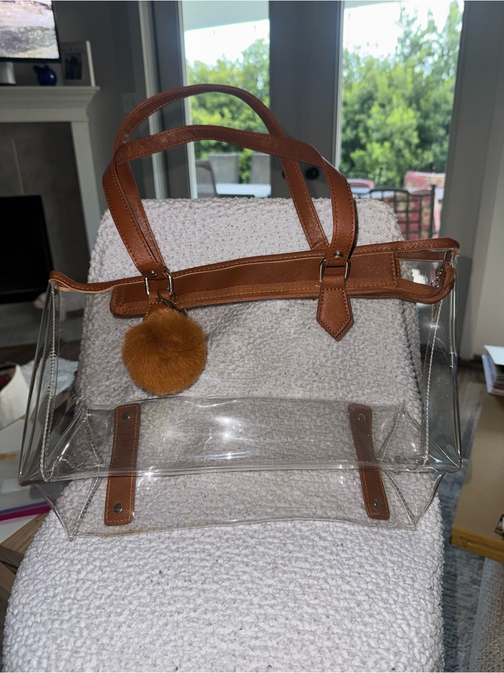Clear Tote with Tan Trim and Pom-Pom Accent